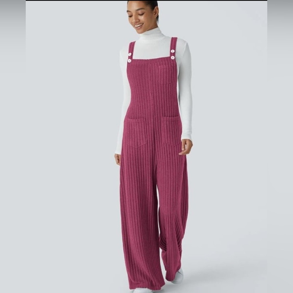 NWT Halara XS Ribbed Knit Adjustable Strap Button Multiple Pockets Overall